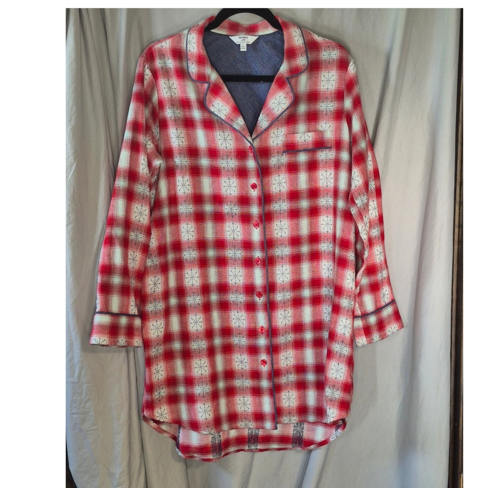 Van Winkle & Co Womens Red Plaid Snowflake Portuguese Flannel Sleep Shirt Large